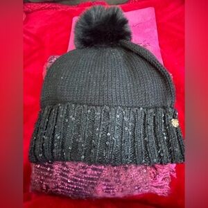 Betsey Johnson Black Pom-Pom Beanie Hat with Sequin Cuff and pink/black scarfe